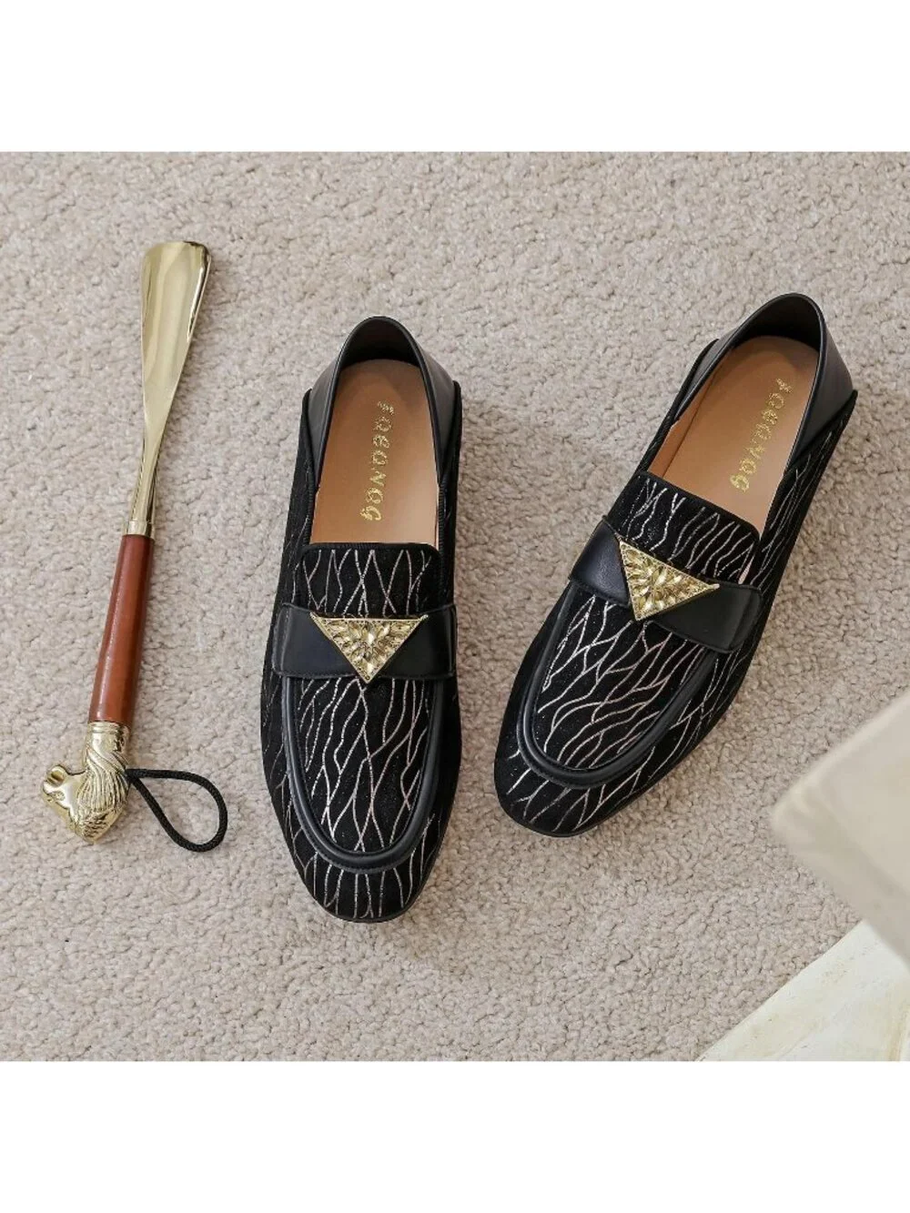 FQEQNQG Men's Black Velvet Loafers Metal Buckle Shiny Slip On Classic Shoes